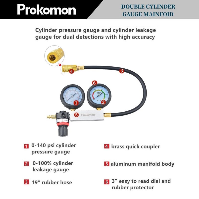 Prokomon Engine Cylinder Leak Down Tester Kit;Gasoline Engine Leakdown Tester Kit with Extension Rod;Cylinder Leakage Tester Set for Pressure Check and Leakage Rate Test - Image 2